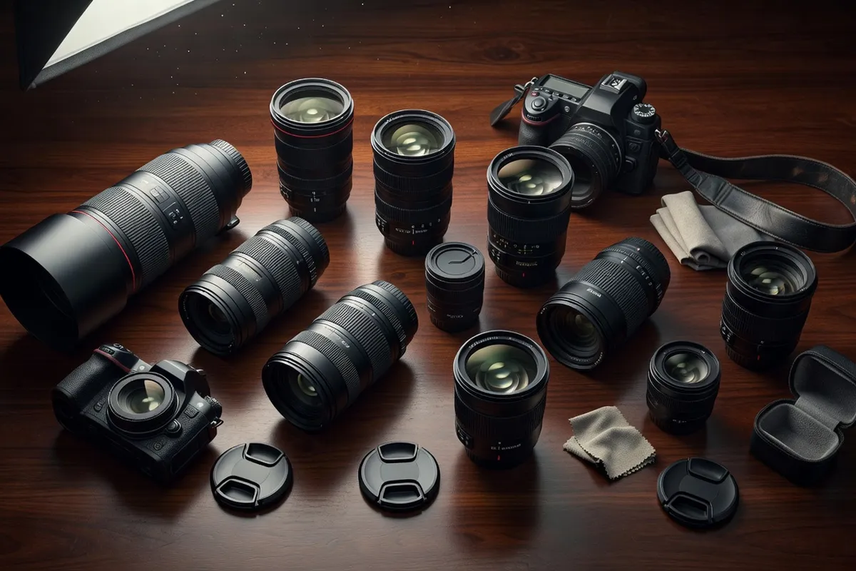 Sac photographe professionnel avec plusieurs objectifs pour mariage dont zoom polyvalent et focale fixe portrait
