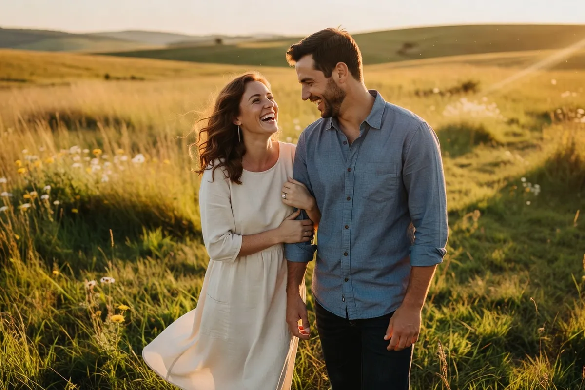 Couple lors d'une séance engagement en extérieur au coucher du soleil, ambiance complice et naturelle
